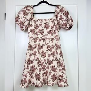 Aqua Brocade Puff Sleeve Pink Floral Dress Size Small